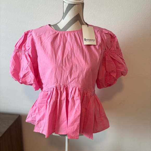 Womens &merci Pink Puff Sleeve Peplum Top - Picture 2 of 10